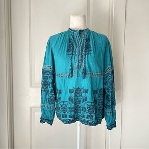 Antik Batik teal blue embroidered boho Long Sleeve Top Sz M